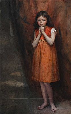 PORTRAIT OF A YOUNG GIRL, FULL-LENGTH, WEARING A RED DRESS AND STANDING IN AN INTERIOR
