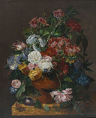 STILL LIFE WITH FLOWERS IN A TERRACOTTA VASE ON A MARBLE LEDGE