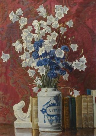 Still life of books and flowers in a drug jar
