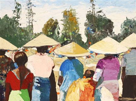 Impressionist Crowd of Figures in Conical Hats
