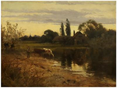 Pondside Farmhand with Cattle