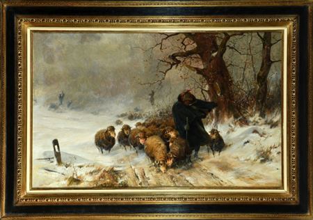Schäfer mit seiner Herde bei überraschendem Wintereinbruch