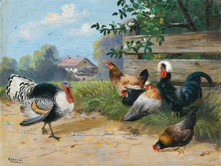 IN THE BACKYARD. TURKEY, ROOSTER & HENS by Alfred Schonian - Auction record, sale price, and art valuation. Compare with similar artists and explore comparable artworks.
