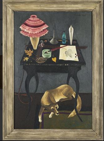 Still life on the table and a dog