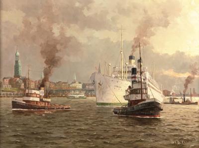 Hamburg Harbor with Steamships and the MS Italia