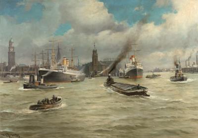 Hamburg Harbor with Michel, Kehrwiederspitze and Ships