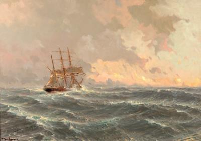 Three-masted ship on stormy sea at sunset by Carl Friedrich Winkler-Hagedorn - Auction record, sale price, and art valuation. Compare with similar artists and explore comparable artworks.