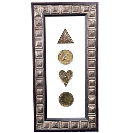 Four framed Erté medallions in clear frame including: Spectacular Dimension, Heart, Mermaid, and Parrot