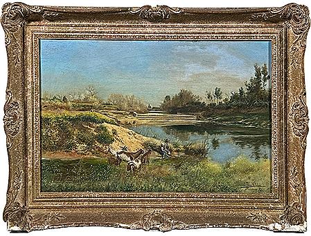 Bucolic Scene of Man and Child by Reservoir with Goats in the Field