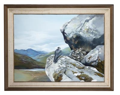 Peregrine falcon and her three chicks