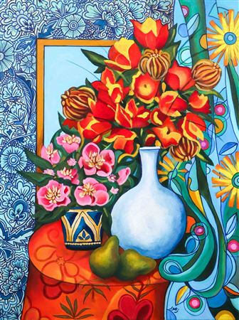 Still life with flowers and pears