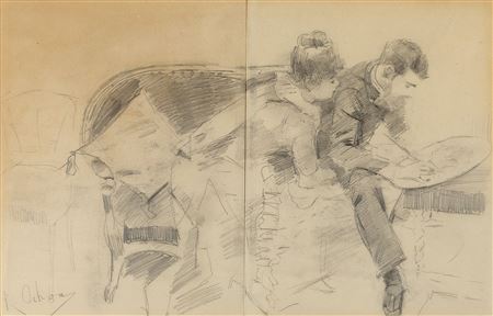 Profile of a painter, possibly Paul-César Helleu, and a young woman, circa 1885