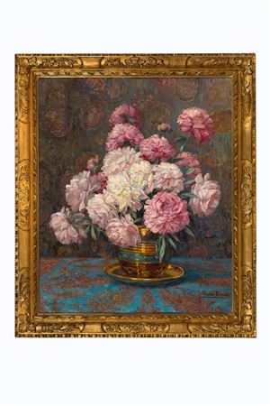 Bouquet of peonies in a pot by Paula Evrard - Auction record, sale price, and art valuation. Compare with similar artists and explore comparable artworks.