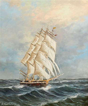 Three masted ship on choppy waters