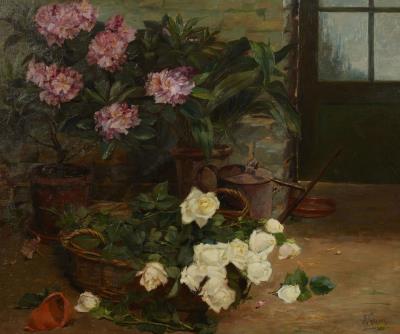Still life with flowers and watering can