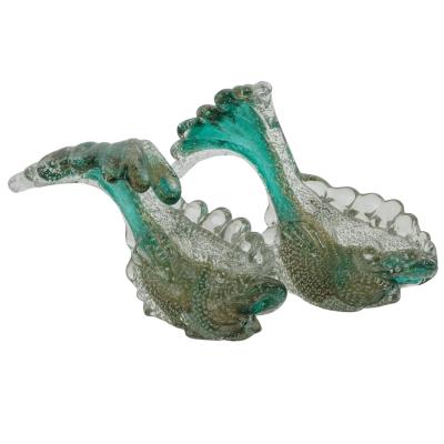 Pair of Archimede Seguso Green & Gold Murano Glass Fish Figurines