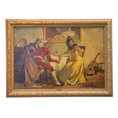 An interior scene depicting a lady and two men