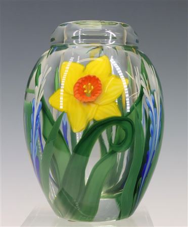 American blown glass vase with lamprok daffodil decoration