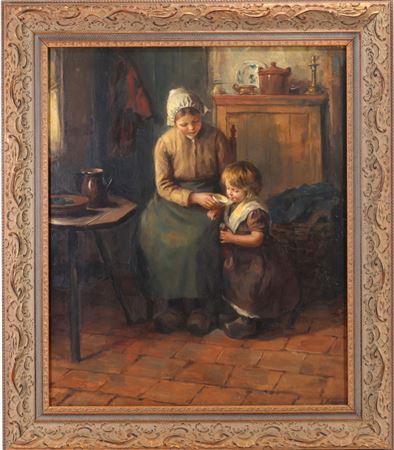 Realist scene of a mother and child in a rustic interior