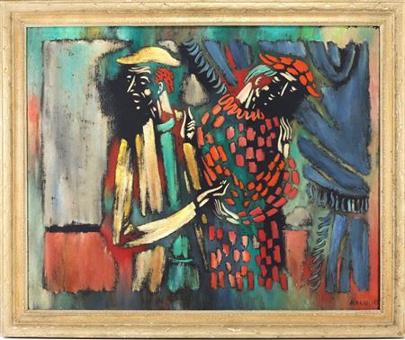 Expressionist painting of two theatrical figures