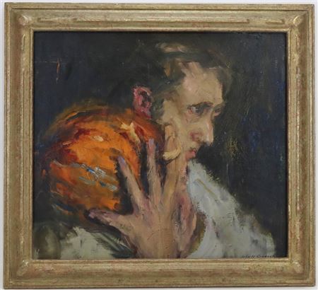 Expressionist portrait of a man holding a gourd
