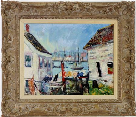 Impressionist harbor scene of a coastal village with rustic cottages