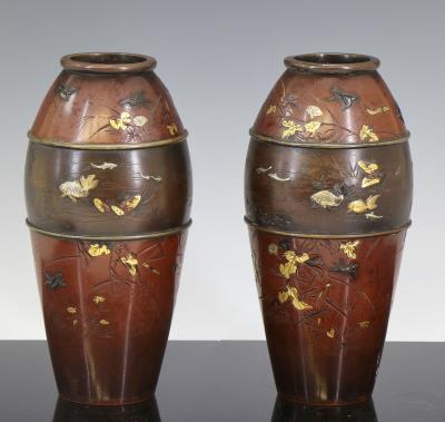 Pair of Parcel-Gilt Bronze, Shakudo, and Silver Vases