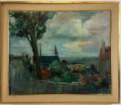 Impressionist townscape with church spires in the distance