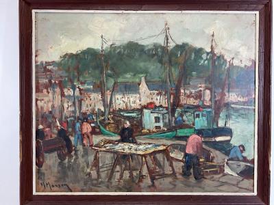 Impressionist scene of a bustling harbor