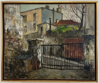 Impressionist landscape of an old European courtyard with weathered buildings and a wrought iron gate