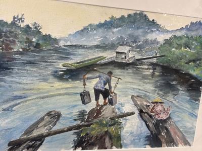 River scene depicting two figures on logs