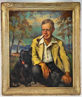 Portrait of a man smoking a pipe and his dog