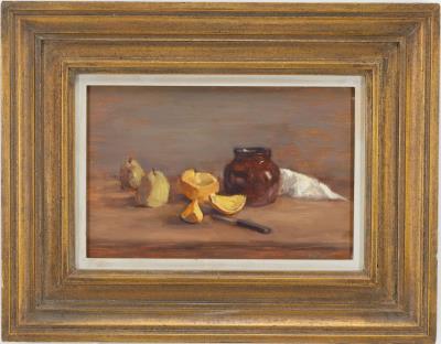 Tabletop still life of pieces of fruit and a paring knife with small jar and napkin