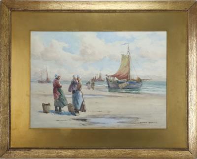 Coastal scene with figures on shore and sailboats both on shore and at sea
