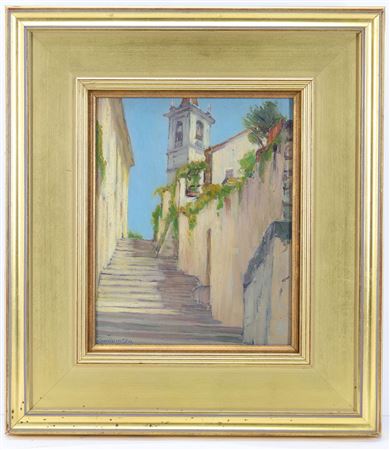 Impressionist Scene with a Stone Stairway Leading to a Church Tower
