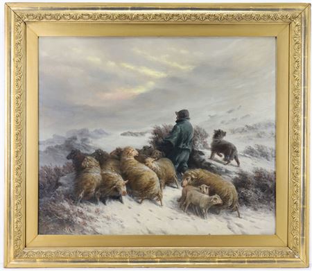 Snowy Winter Landscape with Shepard and His Flock of Sheep