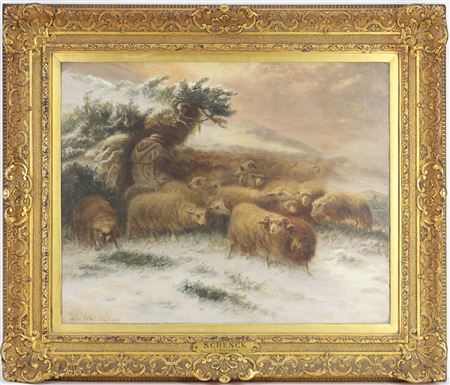 Snowy Landscape with a Flock of Sheep and a Shepher Trying to Get Shelter from a Storm