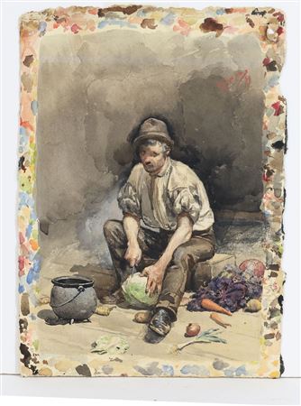 Realist Genre Scene of a Man Seated Preparing Vegetables with a Pot