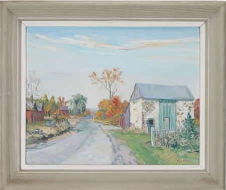 Impressionist Landscape of a Country Road with Autumn Trees and Outbuildings
