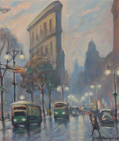 Impressionist city scene with trolley buses and pedestrians before the Flatiron Building