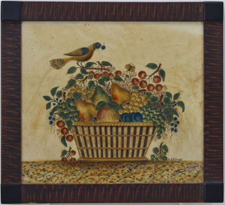 Woven basket overflowing with fruit, with a perched bird holding a berry in its beak