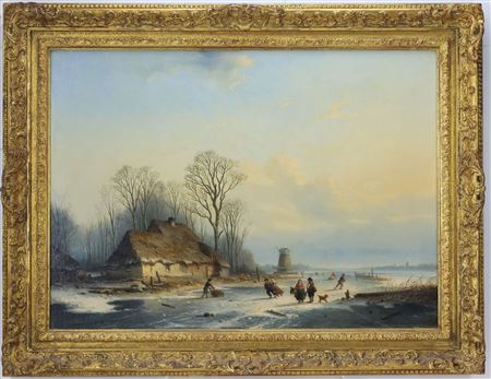 Realist winter landscape with figures skating on a frozen river, cottages, and windmill in the distance