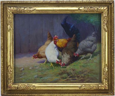 Realist barnyard scene with rooster and hens