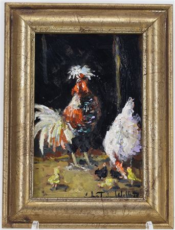 Impressionist barnyard scene with rooster, hen, and chicks