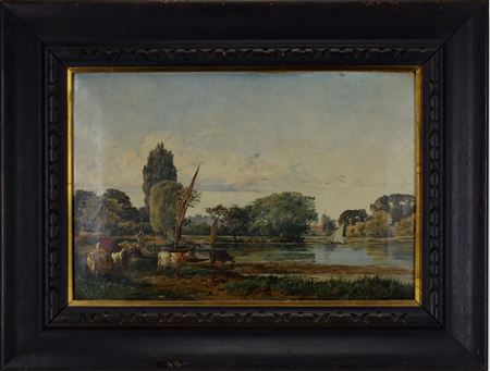 River landscape with cattle grazing at the water's edge, sailboats moored along the shore, and a distant village