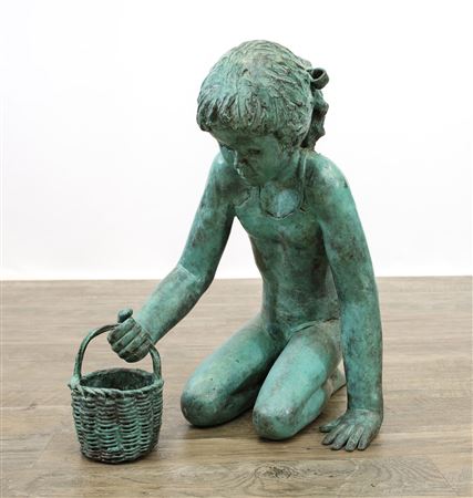 Young Girl Kneeling and Holding a Wove Basket