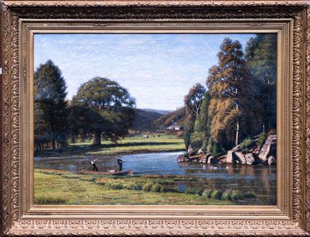 Canoe on a river in the countryside