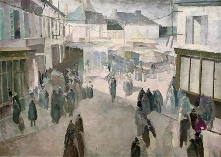 Sample artwork by Graham Murray (1907 - 1987), known for futurist cityscapes, landscapes, and flower studies - View similar artists and auction records