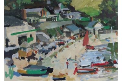 BEACH SCENE WITH BOATS