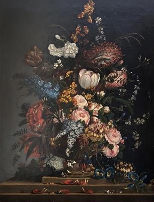 Floral Still Life: Lush Bouquet of Colourful Summer Flowers in a Terracotta Vase on a Plain Plinth against a Dark Background
